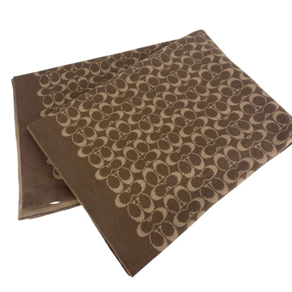 Coach Wool Blend Signature Logo Blanket Throw Wrap Large 39x57” Tan Brown Shawl - Picture 3 of 9
